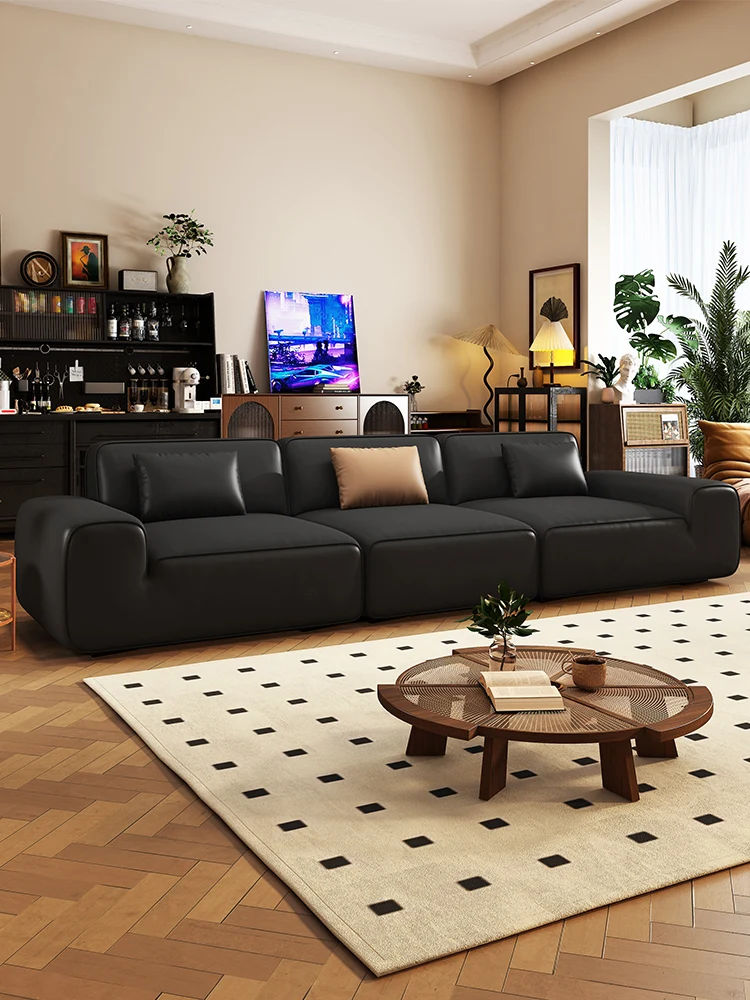 Tofu block sofa leather black head cowhide extremely simple living room modern vertical leather combination