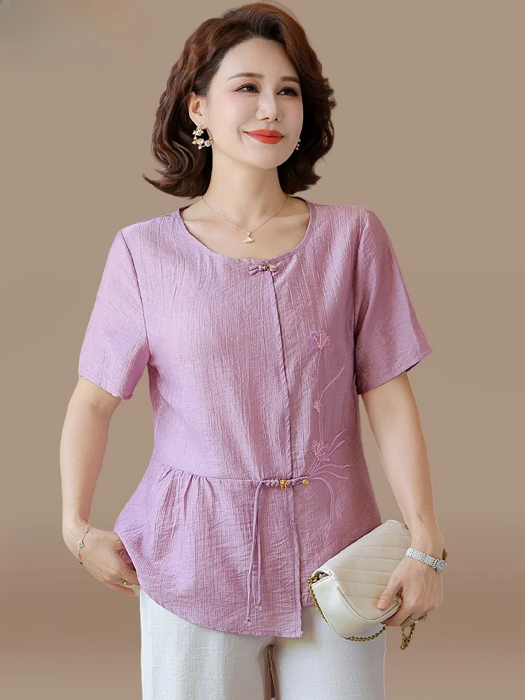 

Ele Cotton Linen Summer Outfit Set for Mom Middle-Aged Women New Chinese Sle ort Sve T-irt Top Faionable Loose...