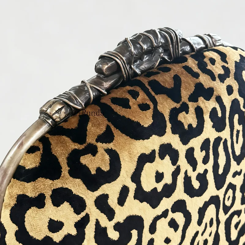 Leopard print velvet dining chair antique hand-carved metal frame dining room decorative edge chair