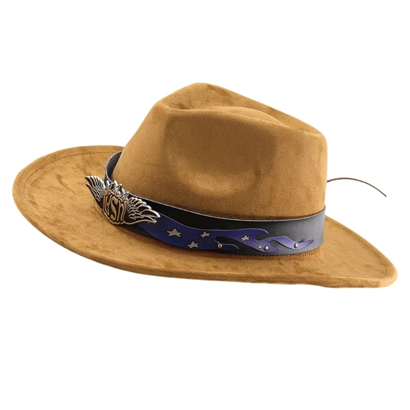 Homburg Cowboy Hats with Patriotic Belt Star Trim Hat Woolen Top Hat Classical Porkpie Hat for Boy Men Woolen Hat