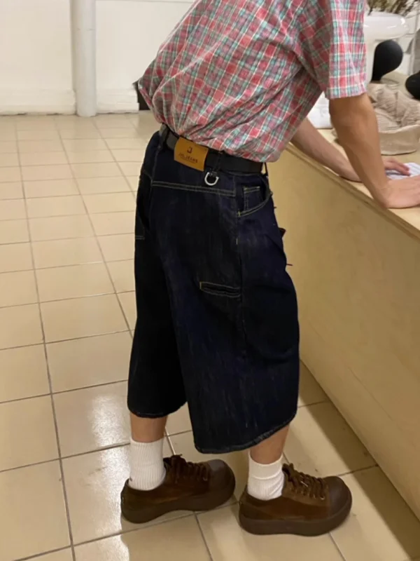 

American Retro Waed Denim Blue ape Seven-Quarter Men's Summer Trend Loose Wide Leg Casual Pants Youth Wear Cotton Polyest...