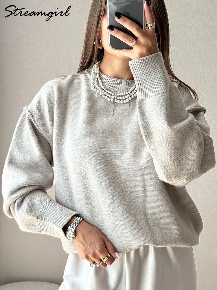 Blue Oversize Sweaters For Women Winter Thick Beige Pullover Woman Autumn Fashion Loose O Neck Ladies Sweaters Jumpers Women