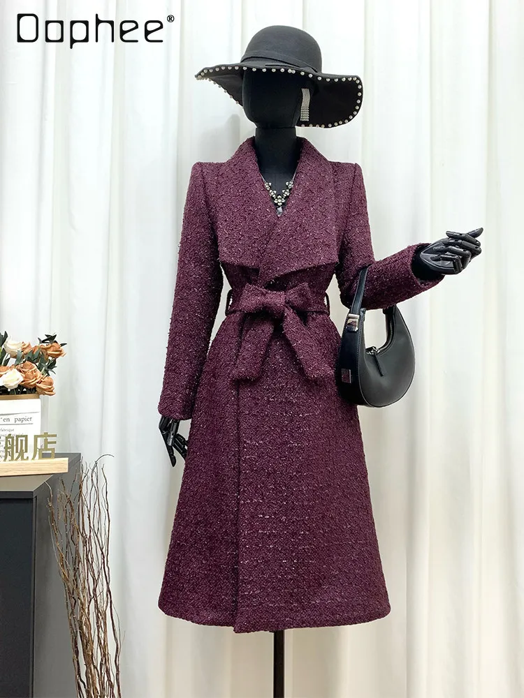 

Hepburn Style Elegant Socialite Wool Coat Winter Padded Thickened Warm Coat Women Heavy Knit Large Lapel Belt Slim Woolen Coat