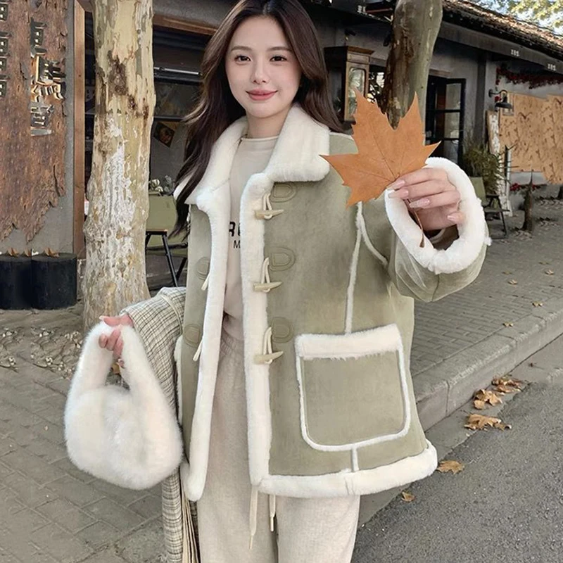 Horn Buckle Suede Coat Women's Fur One Lamb Wool Coat Autumn Winter New Female Thick Warm Cotton Jacket Casual Parker Outerwear