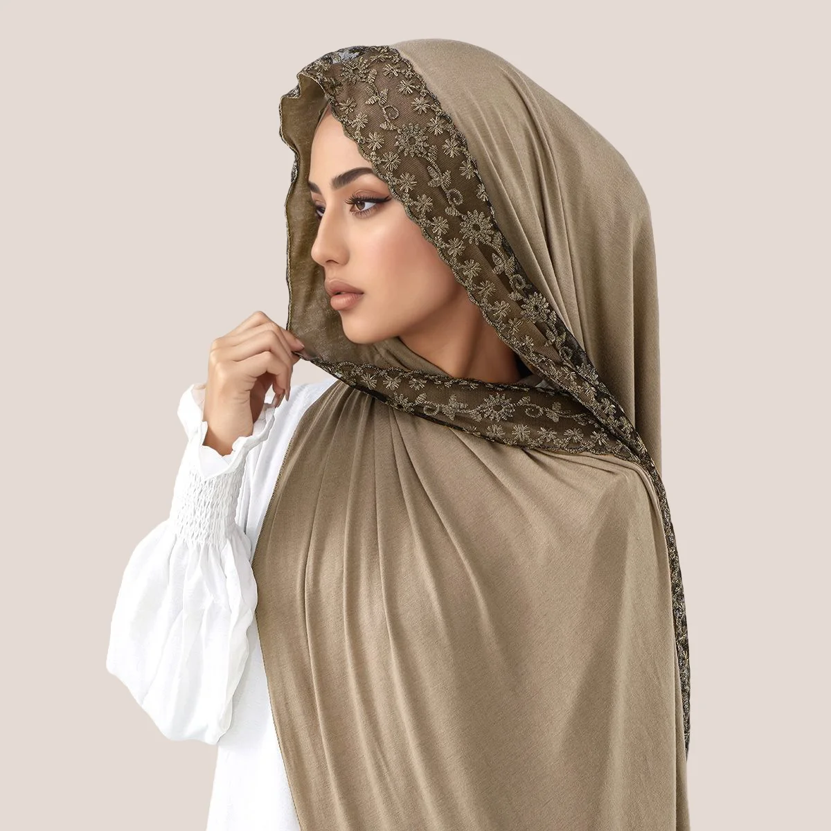 Lace Embroidery Cotton Jersey Muslim Hijab Long Scarf Women Head Wraps Shawl Turban Eid Soild Headband Malaysia Tudung 170*60cm