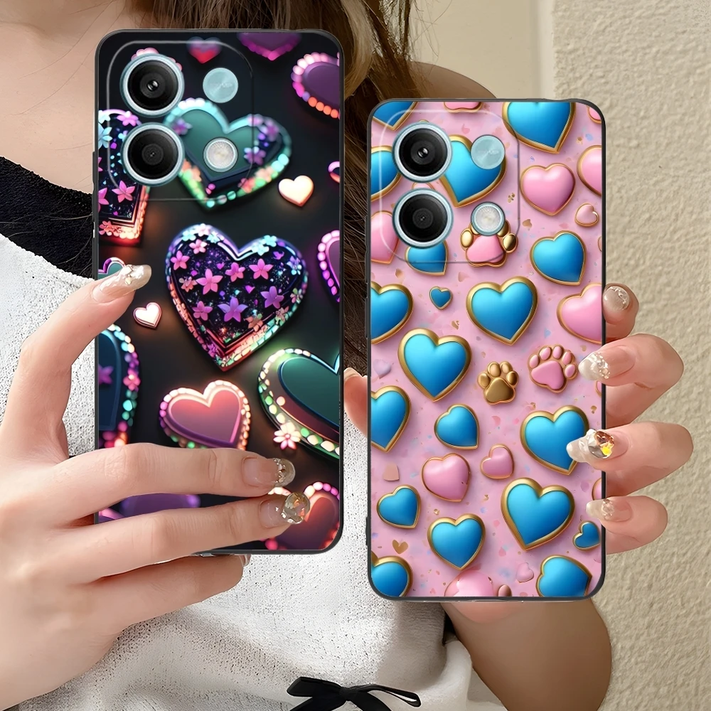 Y2K Glowing Love Hearts Mobile Phone Case for Xiaomi Redmi Note 13 12 11 10 9 8 7 6 S A Pro Lite Plus 5G Black Phone Cover Shell