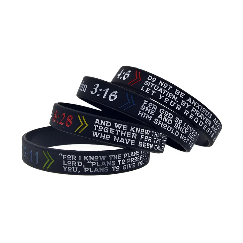 Pulsera de goma de silicona negra John 3:16 Jeremiah 29:11 Philippians 4:6 Romans 8:28, 1 unidad