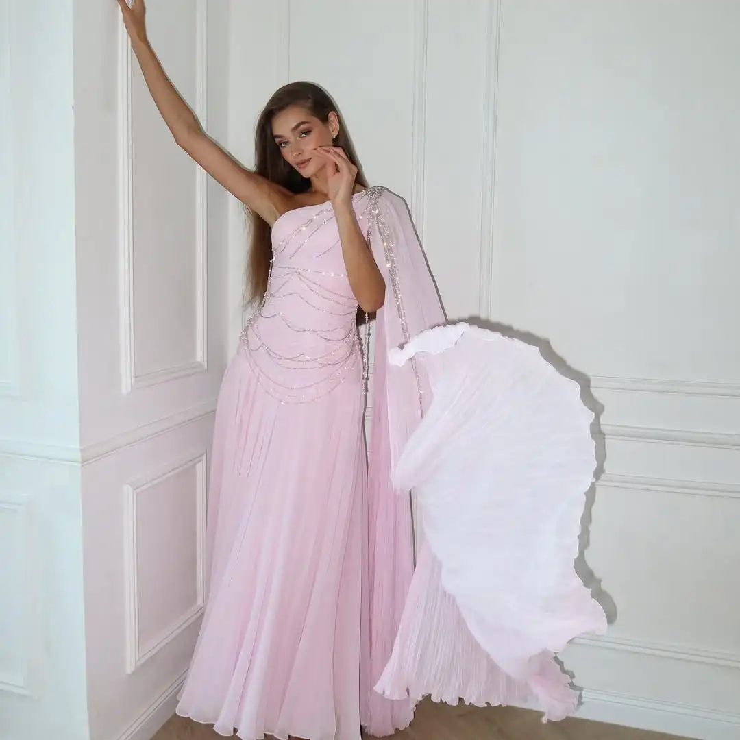 

Customized Pink Sleeveless Evening Dresses Pleated Chiffon Beadings Floor Length Prom Dresses Vestidos Noches Party Dresses