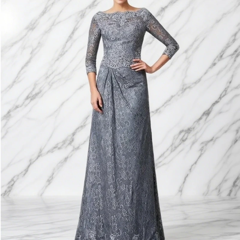 

Customized Gray Mother Of The Bride Dresses A-line 3/4 Sleeves Appliques Lace Plus Size Long Groom Mother Dresses For Wedding