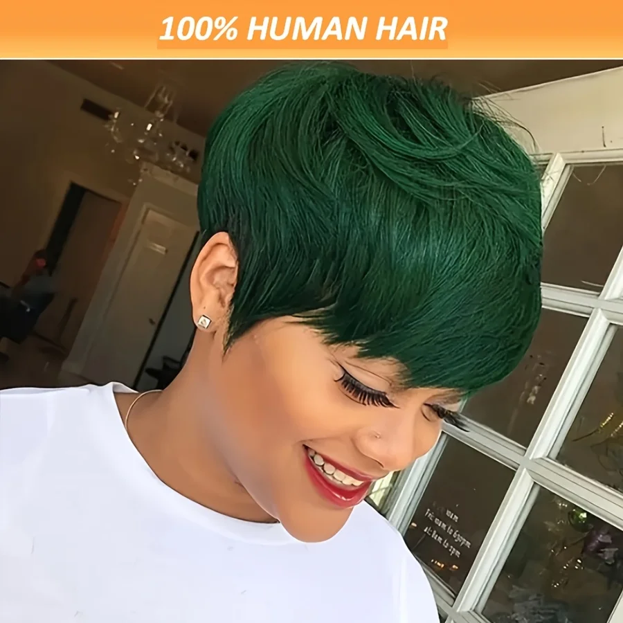 

Зеленый парик с стрижкой пикси с челкой - 6-дюймовый прямой парик из человеческих волос, полный машинный парик, многослойный стиль для женщин, идеально подходящий для ежедневного использования