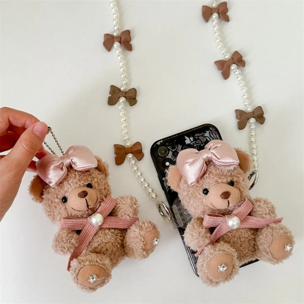 Brown Plush Bear Keychain Handmade Sweet Bow Bear Phone Back Clip Kawaii Plush Doll Fluff Stuffed Animal Key Rings Bag Pendant