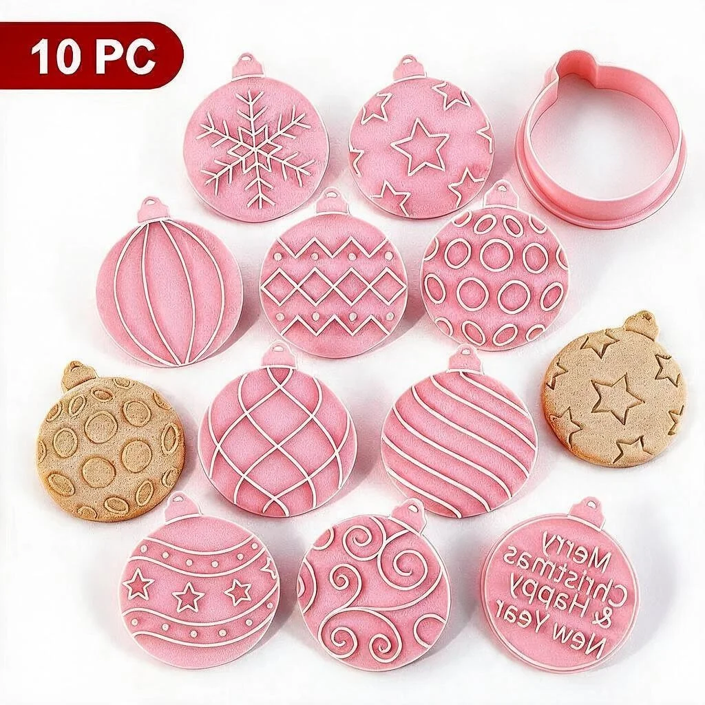 Weihnachts-Ausstechformen-Set mit 10 Stück, 3D-Weihnachtskugel-Ausstechstempel, Fondant-Keksformen für Weihnachtsbacken, Kinderparty &