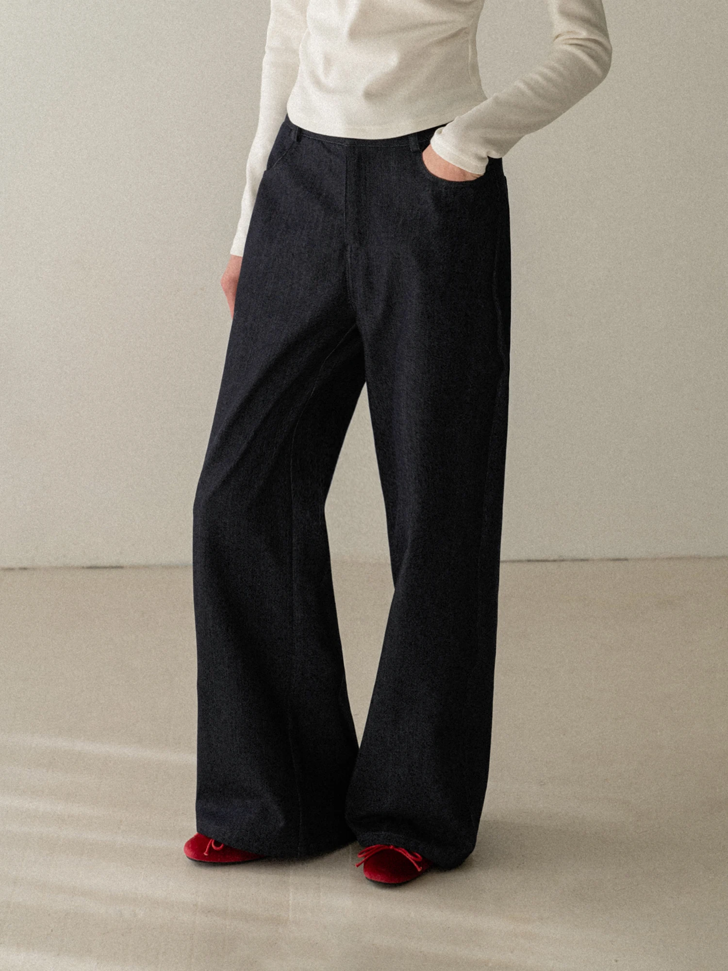

High Waist Plaid Patchwork Fleece Denim Pants Women Loose Straight Leg Wide Leg Casual Trousers Retro Style Cotton Blend