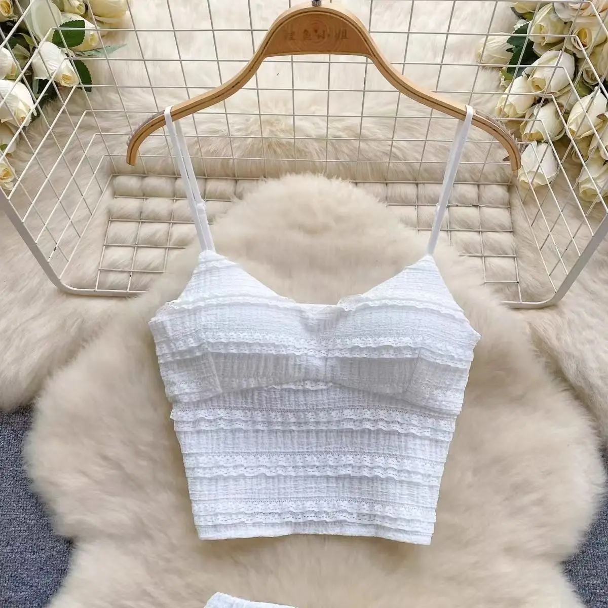 French gentle style summer new high waisted cake skirt+fashionable camisole vest two-piece set