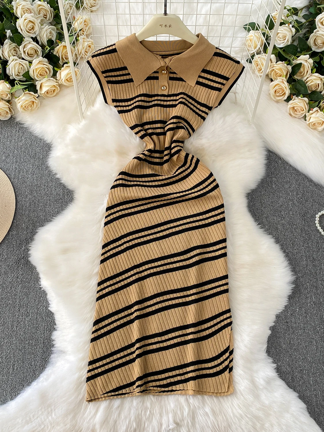 한국 스타일 폴로 칼라 니트 드레스 여성 여름 하이 웨이스트 플리츠 슬리밍 스트라이프 비대칭 슬릿 롱 드레스