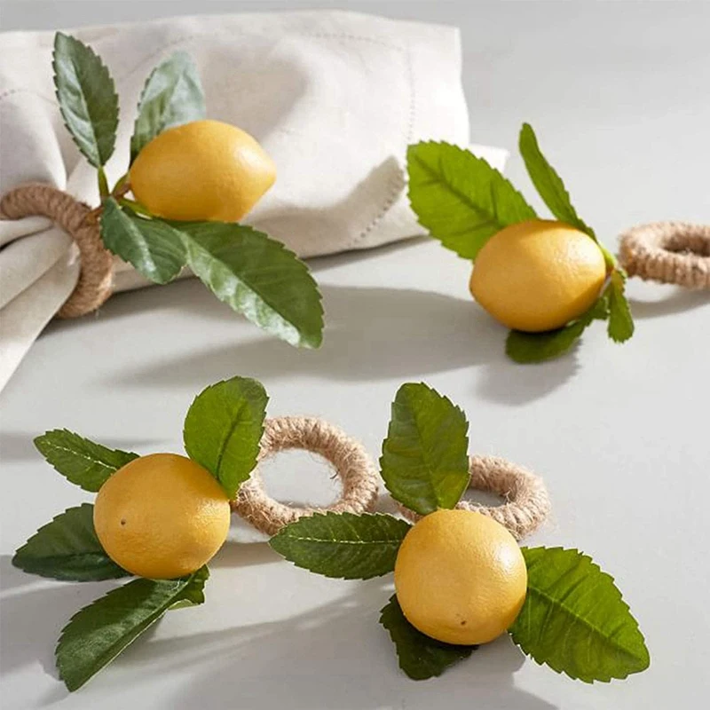 20PCS Handmade Napkin Rings Yellow Faux Lemon With Vine Napkin Ring For Wedding, Dinner Party, Banquet, Serviette