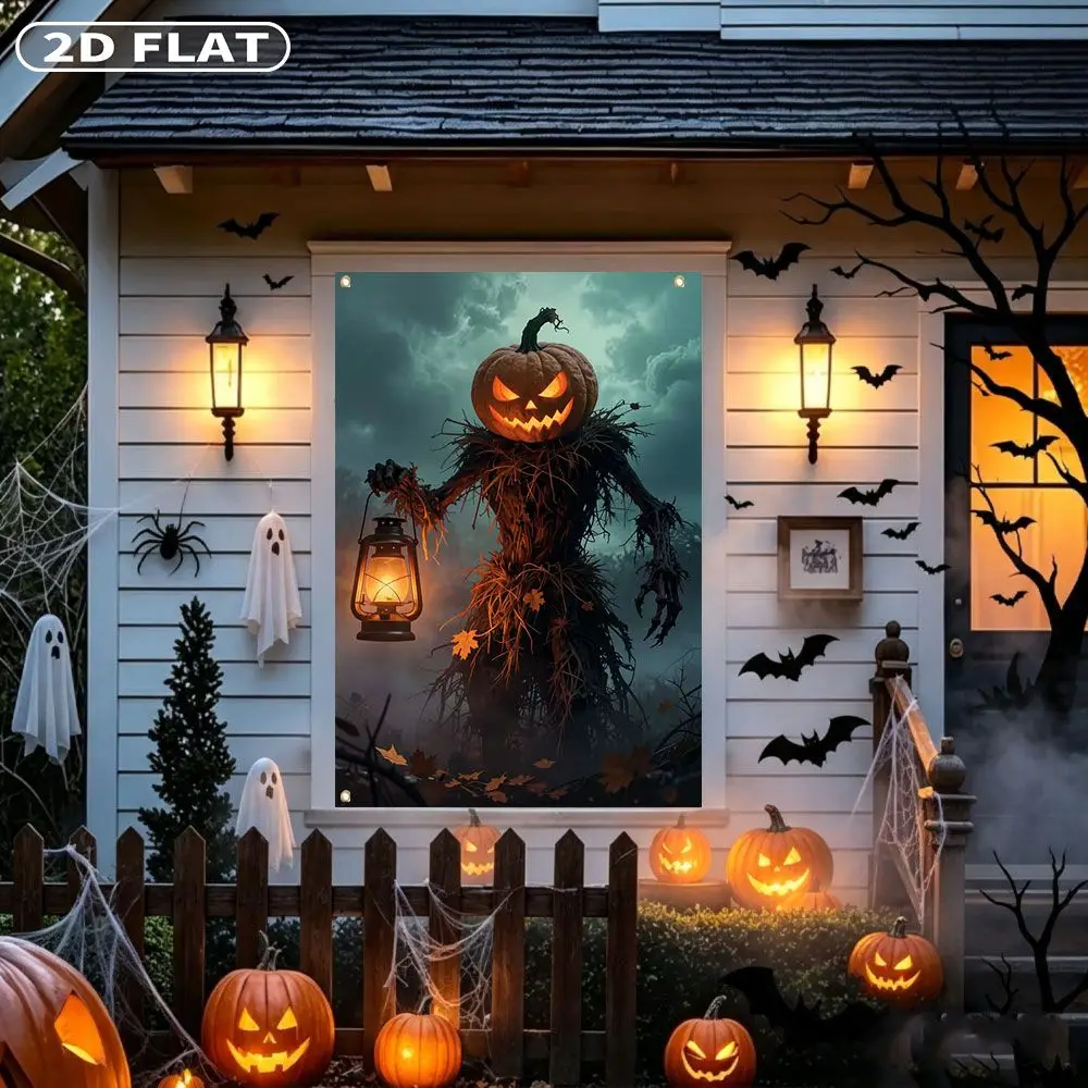 2D FLAT 1pc Party Banner, Halloween Window Cover with Scary Pumpkin Head Scarecrow Holding Lantern Window,122x88cm, Polyester