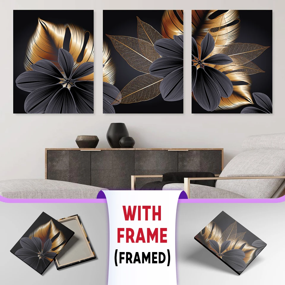 

Framed Abstract Black Golden Plant Leaf Canvas Poster Prints with Frame Nordic Wall Art Painting Modern Living Room Home Decor