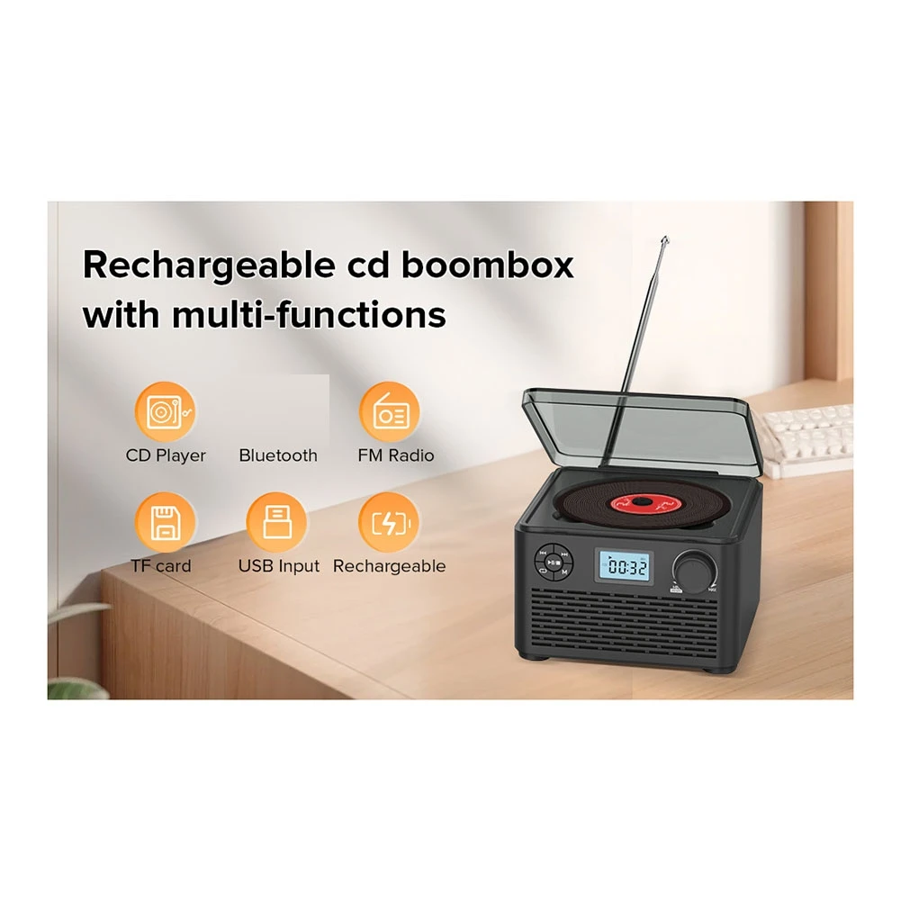 

【Superdeals】CD Player Vintage 4000Mah Bluetooth Music Disk Album Disc CD Player Portable FM Radio