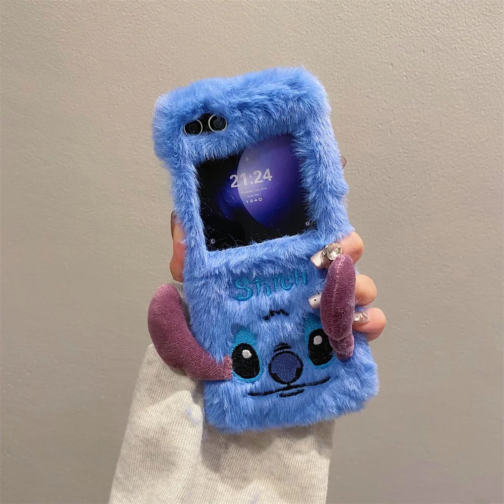 For Samsung Galaxy Z Flip Fold 3 4 5 6 Plush Embroidered 3D Cartoon Stitch Phone Case Hole Lens Holder Protection Cover