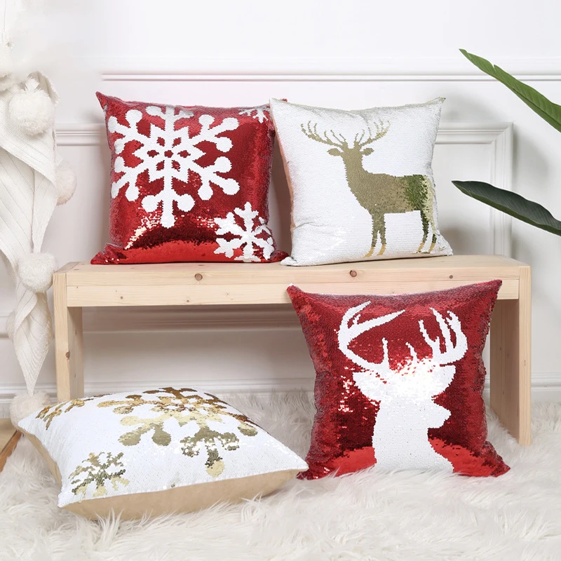 Christmas Sequin Cushion Cover Red and White  Snowflake Deer Pillow Covers Decorative New Year Festival Celebration Pillow Cases