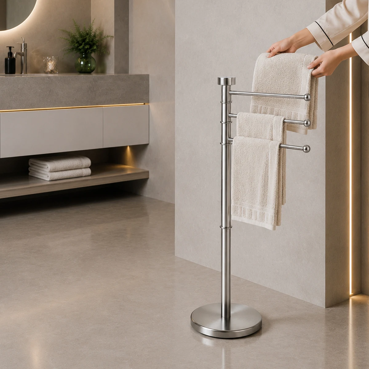 Floor Standing 3‑Arms Rotatable Towel Rack, Stainless Steel/ Iron Towel Holder, Freestanding Drying Stand for Bathroom Storage