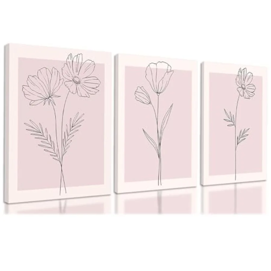 

Набор из 3 картин для стен: розовые цветочные принты на холсте в рамах, минималистичные ботанические линейные рисунки для спальни девочек