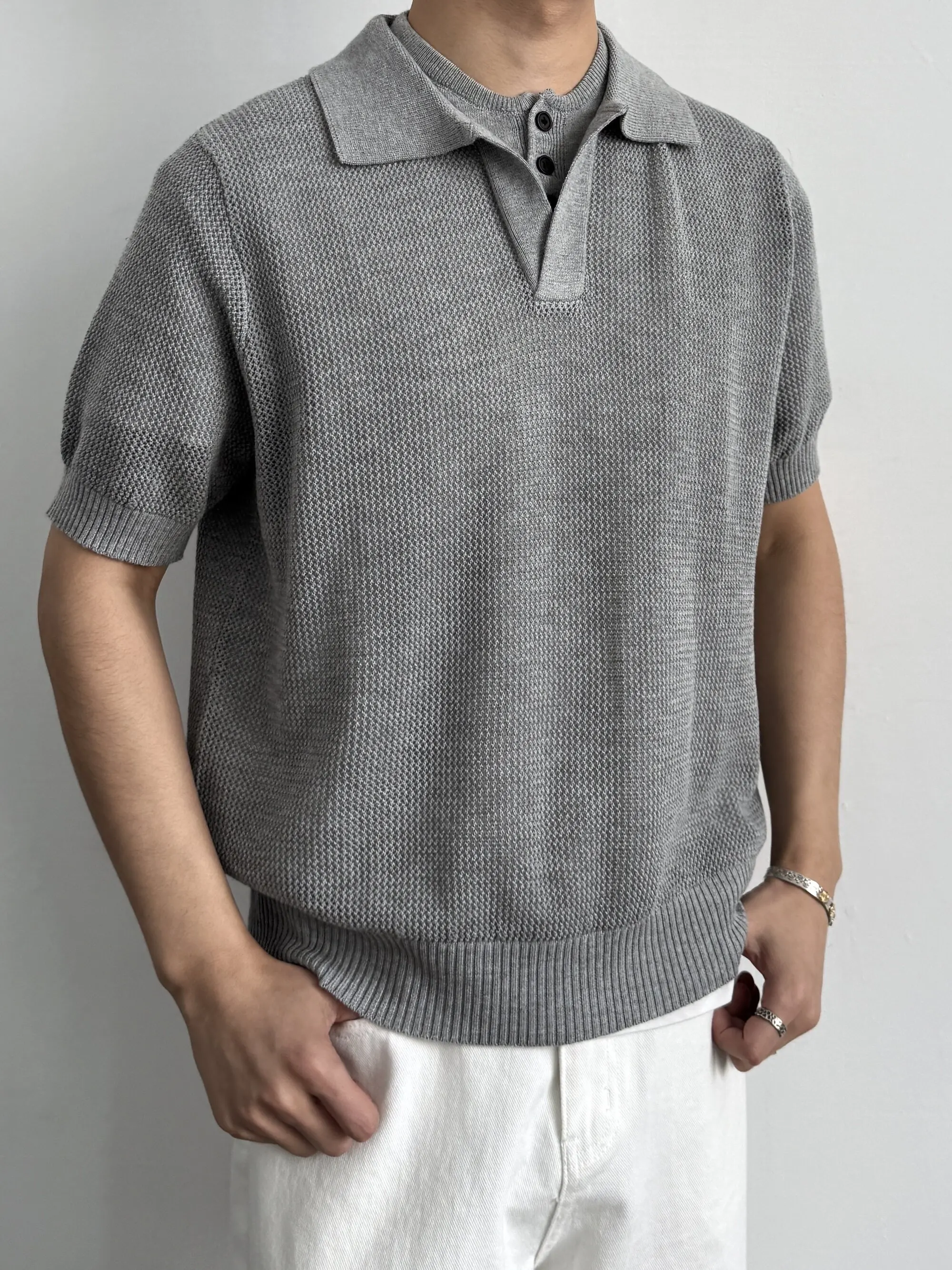 

American Retro Loose Knitted Short Sleeve Shirt Men's Summer New Cleanfit T-shirt Breathable Comfortable Casualwear
