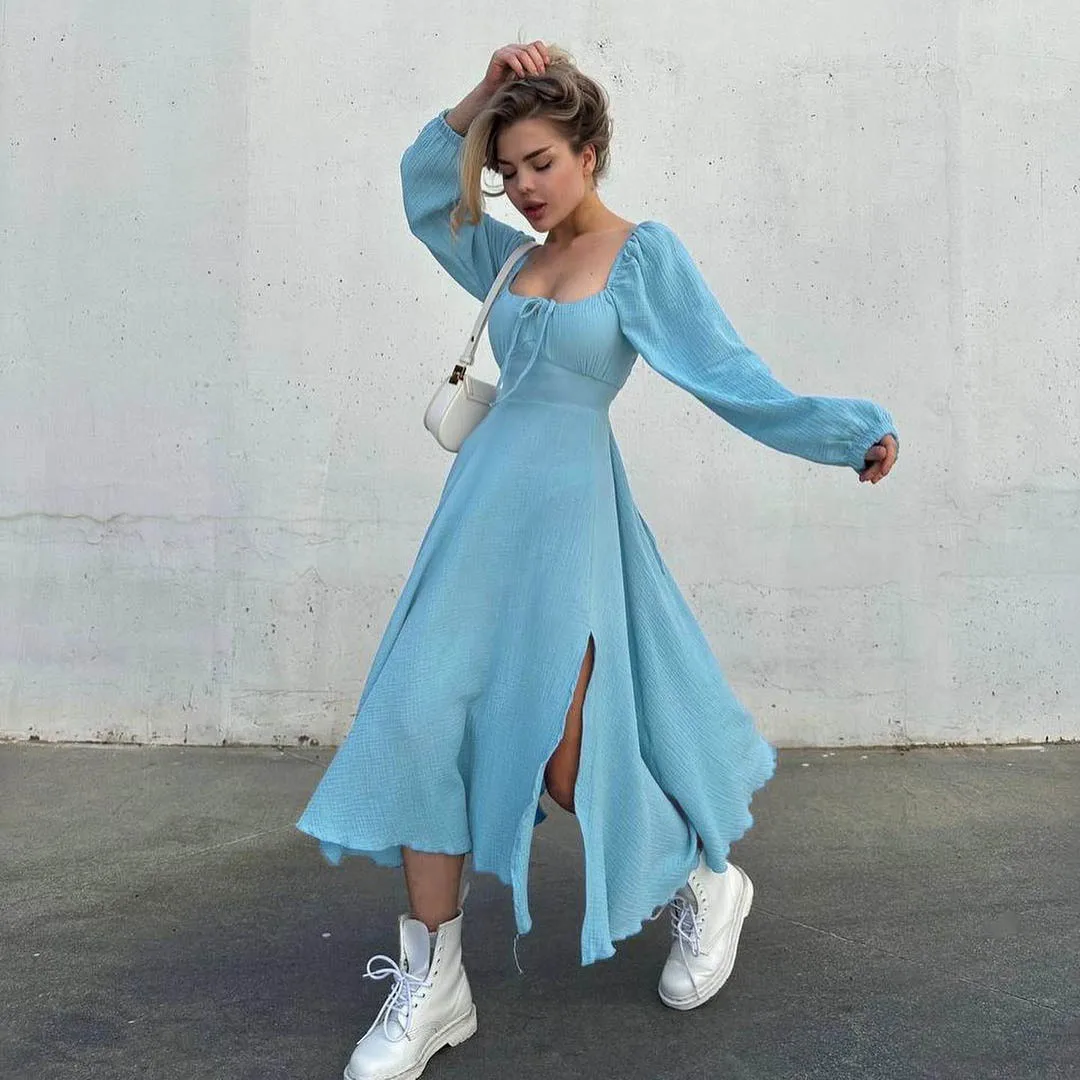 

New Fall Women's Clothing Sexy Split Dress Solid Color Cotton Wrinkled Fabric Midi Dresses French Long-sleeved Square Neck Dress