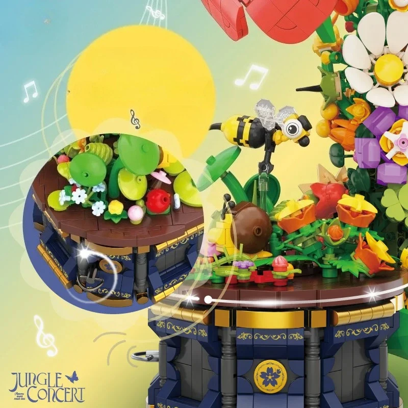 MOC Floral Vintage Framophone Building Block Set Rotante Giungla Concerto Carillon Giocattoli fai da te Regali di festa di compleanno per bambini