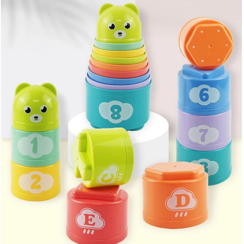 9pcs Spaß Regenbogen becher Stapel becher Figur Buchstaben Baby Kinder Lernspiel zeug Stapel turm Mini Bär Kinder Kleinkind Spielzeug