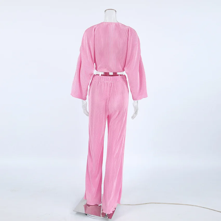 Jyate Pink Cross V-Neck Shirts And Pleated Trousers Two Pieces Sets Autumn 2024 Pleated Loose Vacation Outfits Women Pants Sets