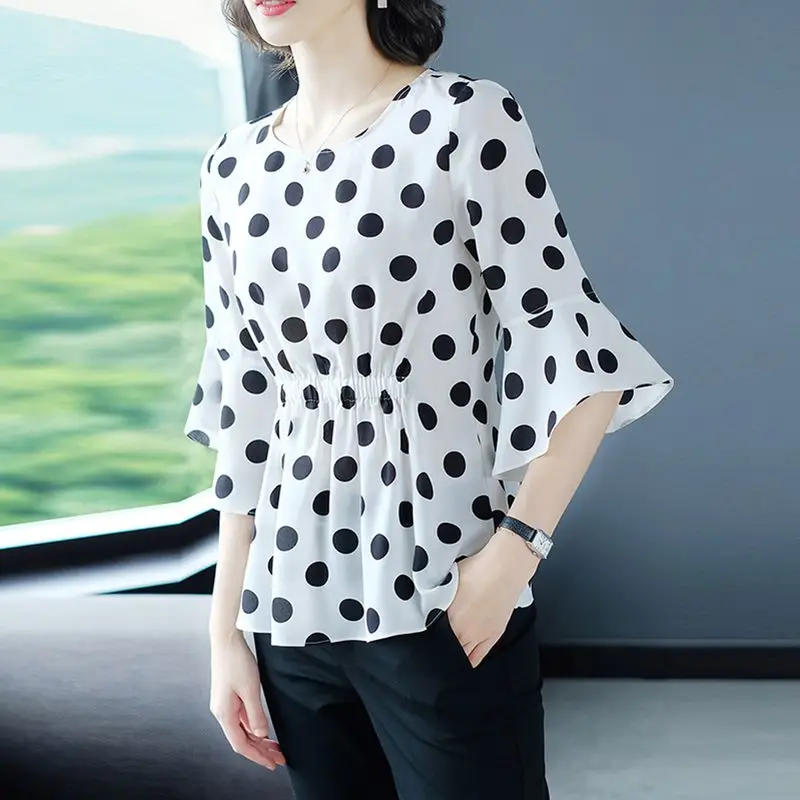 Chiffon Polka Dot Printing Shirt Tops Summer New O-Neck Loose Half Sleeve Ruffle Plus Size Blouse Vintage Casual Women Clothing