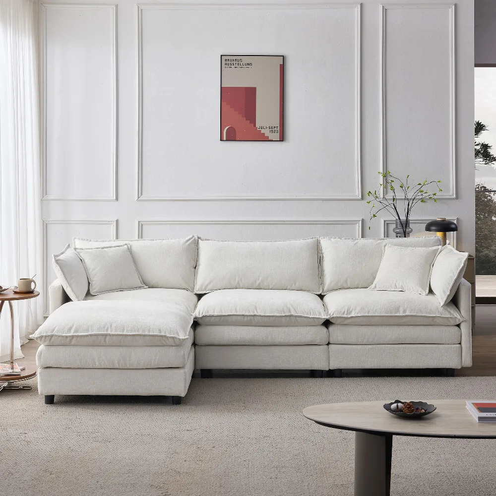 Canapé modulaire en L en chenille premium 3 places avec ottoman, confort respirant pour petit espace, salon, appartement