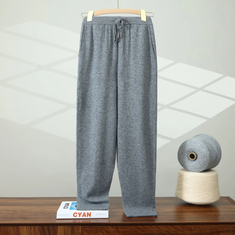 

100% Pure Cashmere Men'S Pants Autumn And Winter Thickened Casual Knitted Pants Solid Color Straight Loose Cashmere Trousers