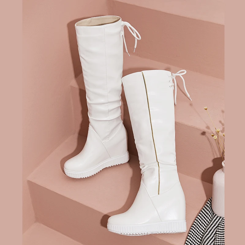 Wedge Platform Women High Boots Knee High Boots Girls Slip on Fashion Height Heel Wedge Boot white Casual Shoes Woman 2022