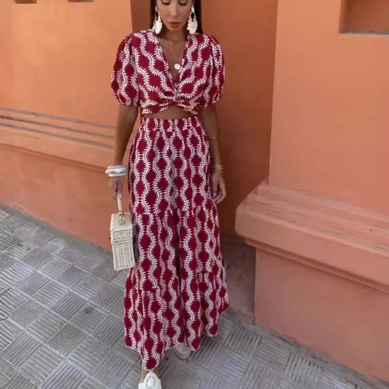 

Elegant Print Twist Knot V Neck Long Dress Fashion Hollow Out High Waist Puff Sleeve Maxi Dresses Women Summer Highstreet Robes