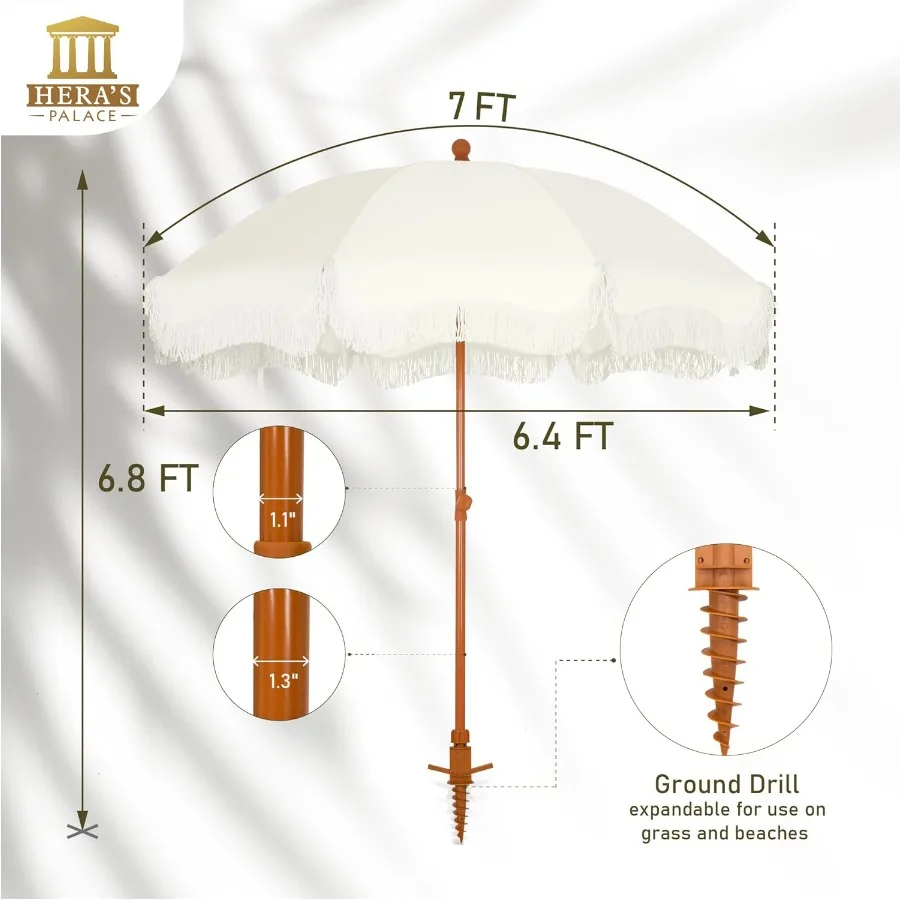 مظلة شاطئ شديدة التحمل بطول 7 أقدام مع مظلة هامشية مرساة رملية للأشعة فوق البنفسجية 50+ مظلة فناء مع عمود إمالة لحمام السباحة والحديقة