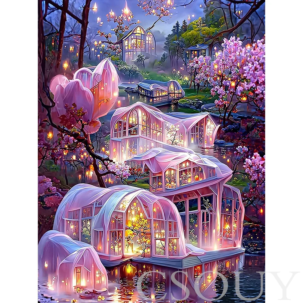 

Crystal Full Square AB Diy Diamond Painting Pink House Flower Embroidery Mosaic Home Decor Needlework Paintings Rhinestones Gift