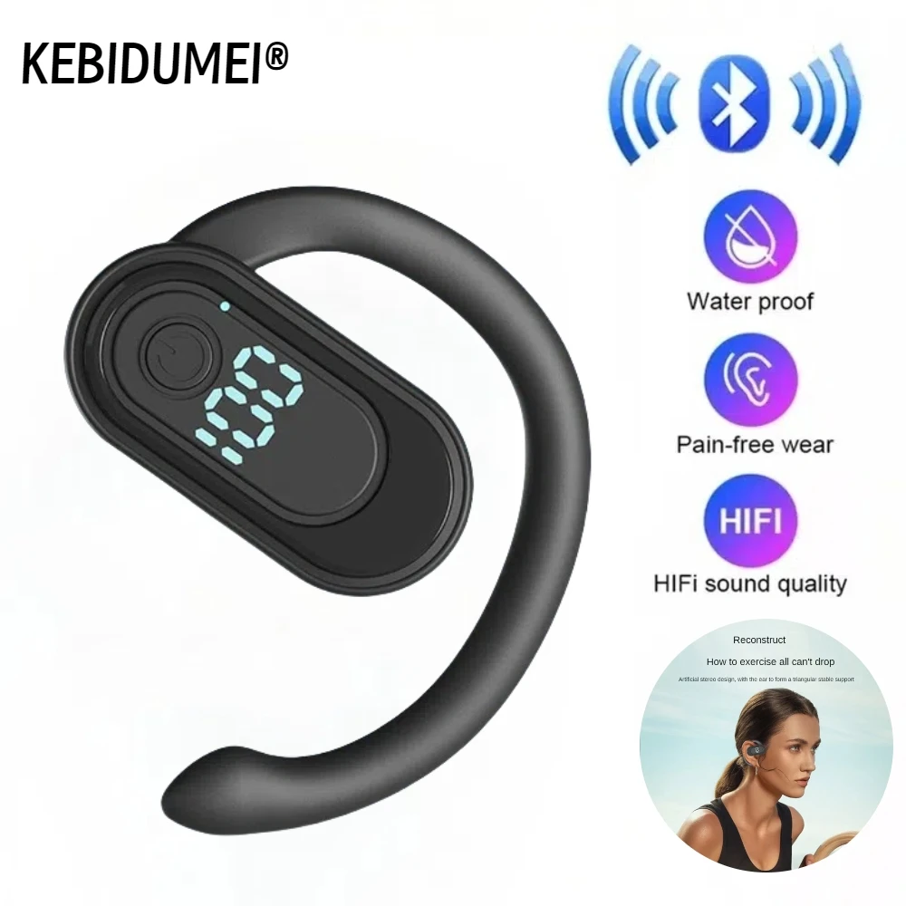 Cuffia wireless Bluetooth 5.4 vivavoce con cancellazione del rumore 180 °   Auricolari sportivi rotanti con display digitale Gancio per l'orecchio singolo