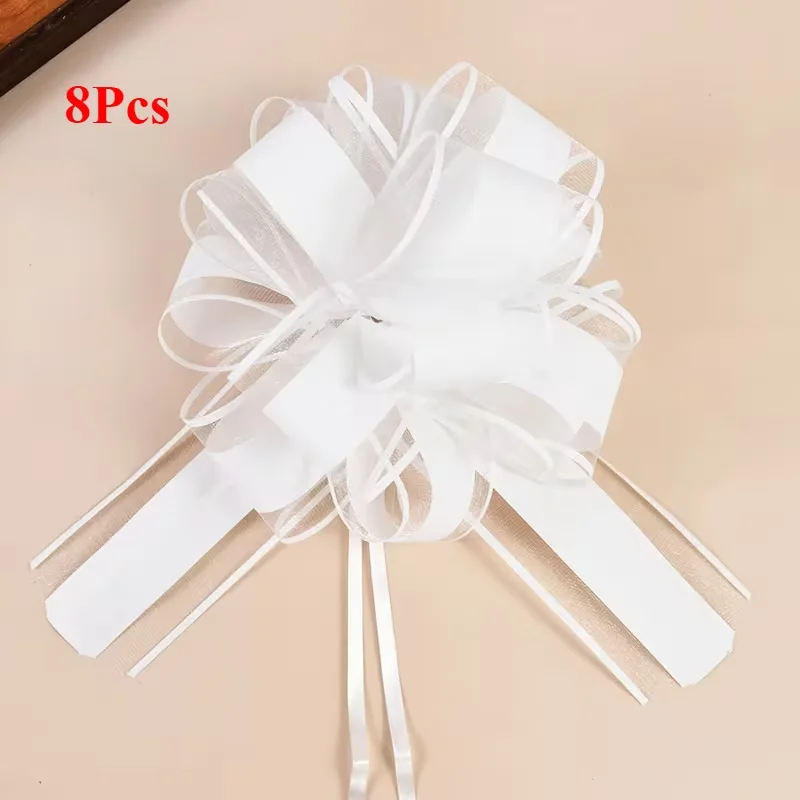 8 grote plastic strikken met trekkoord - Elegante witte trouwautodecoraties, duurzame en herbruikbare decoratieve strikken