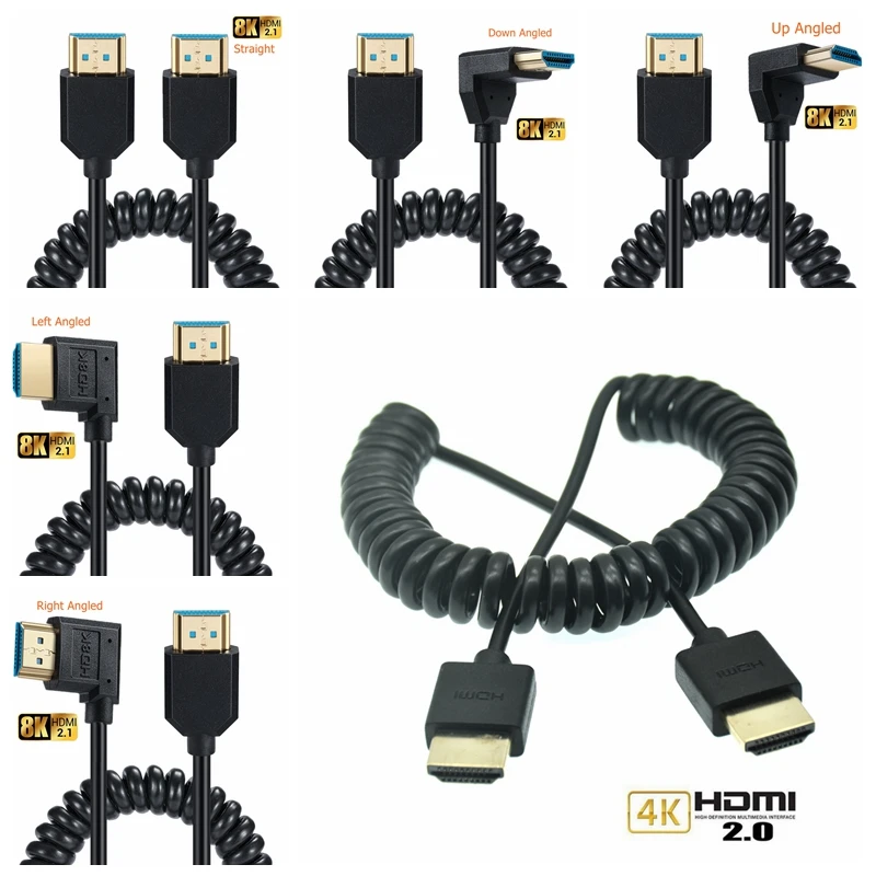 90 Degree Angle OD 4.0mm HDMI-Compatible Male To Male HD Spring Coiled 8k@60hz HDTV 2.1V 5k For TV Computer Camera 50-120CMCable