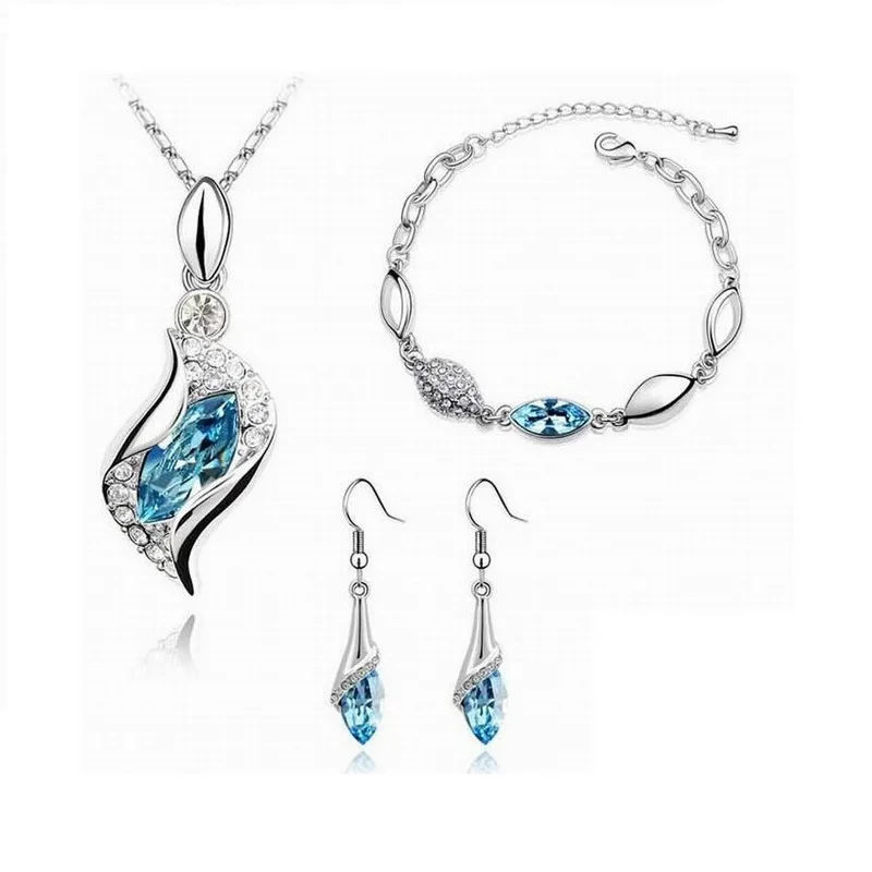 New Luxury 925 Sterling Silver Crystal Jewelry Set For Women Pendant Necklace Earrings Bracelet Set Fashion Jewelry