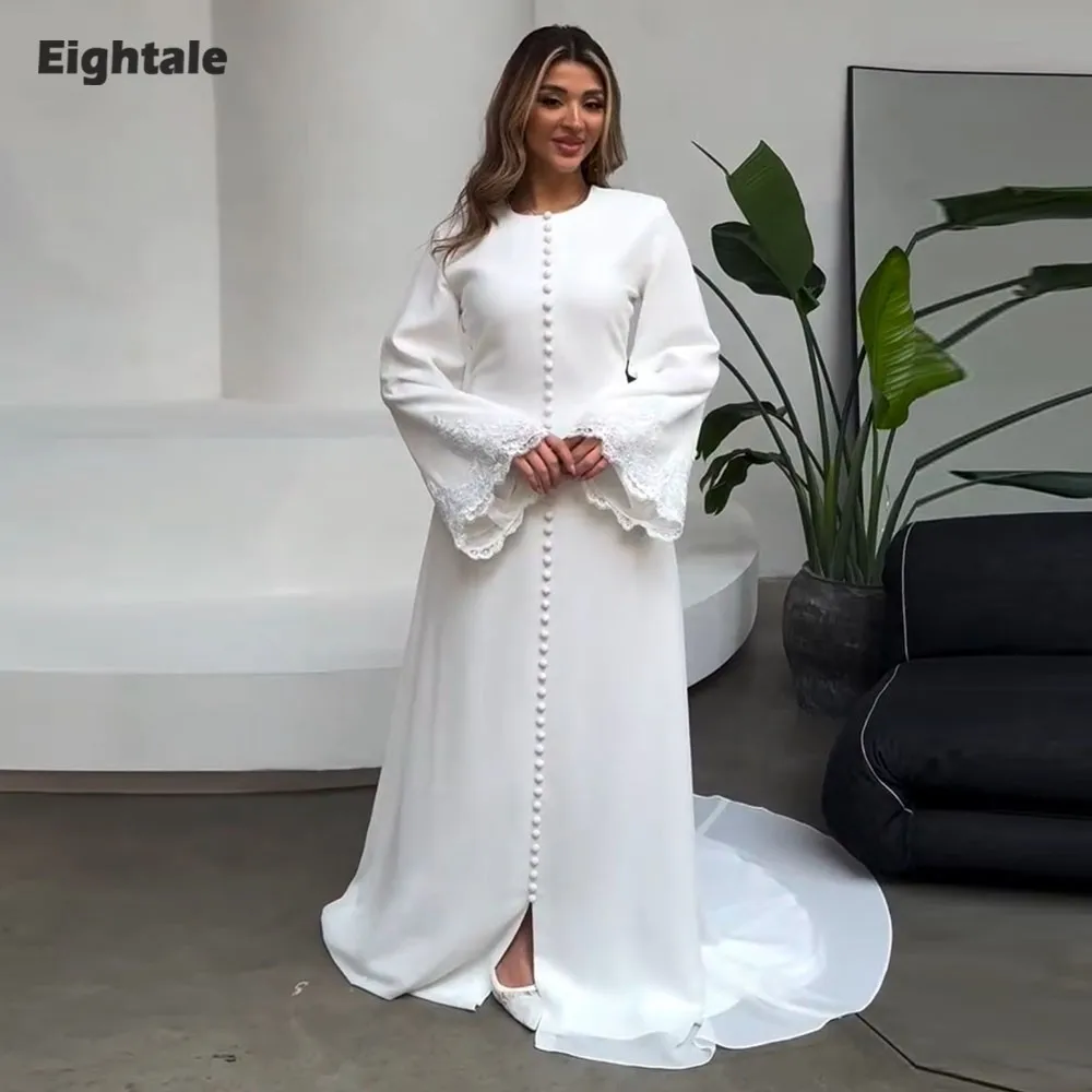 

Eightale Arabic Wedding Dresses O-Neck Lace Mermaid Muslim Buttons White Ivory Customized Modest Bridal Gowns Vestidos De Novia