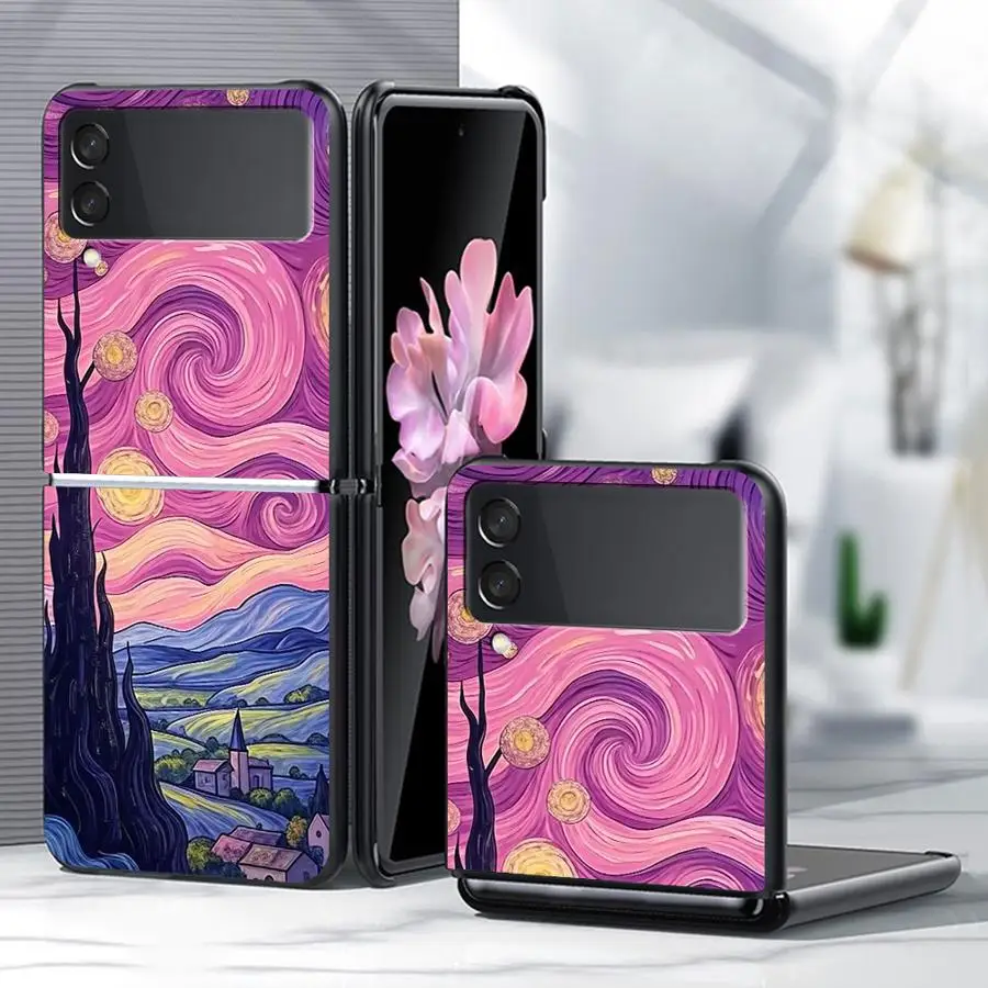 Phone Cover Case for Samsung Galaxy Z Flip 8 Flip3 Flip4 Z Flip 7 6 5 4 3 Flip5 Flip7 FE Flip6 Pink Van Gogh Starry Sky