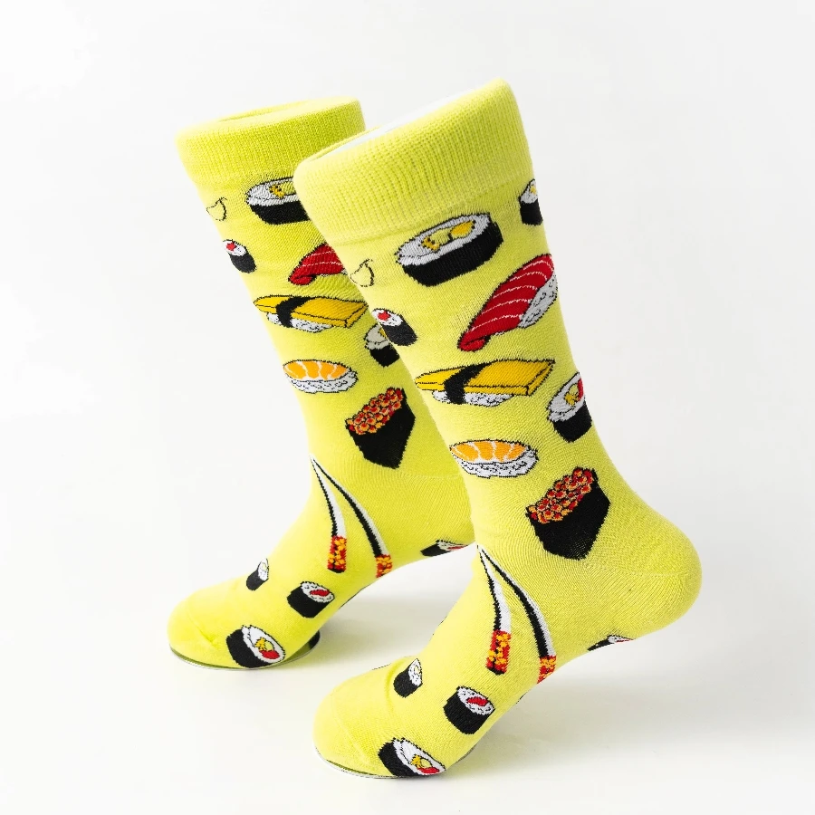 MYORED 1pair of yellow bottom sushi food pattern men's trend in tube socks cotton socks casual style