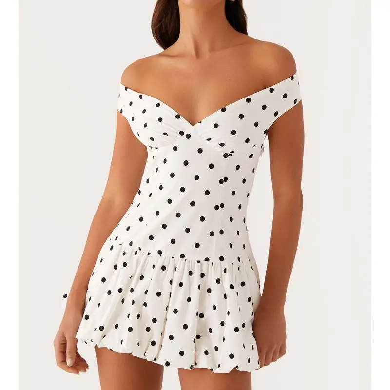 Combhasaki Women Summer Solid Color/Polka Dot Slash Neck Off Shoulder Backless Cutout Pleated Puffball Hem Short A-line Dress