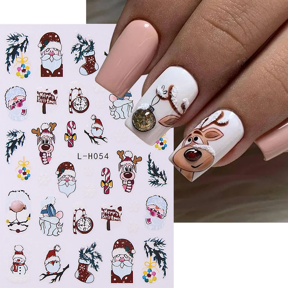 3D Christmas Nail Art Stickers Cute Cartoon Santa Claus Decals Snowman Reindeer Snowflake Sliders Holiday Manicure Decorations