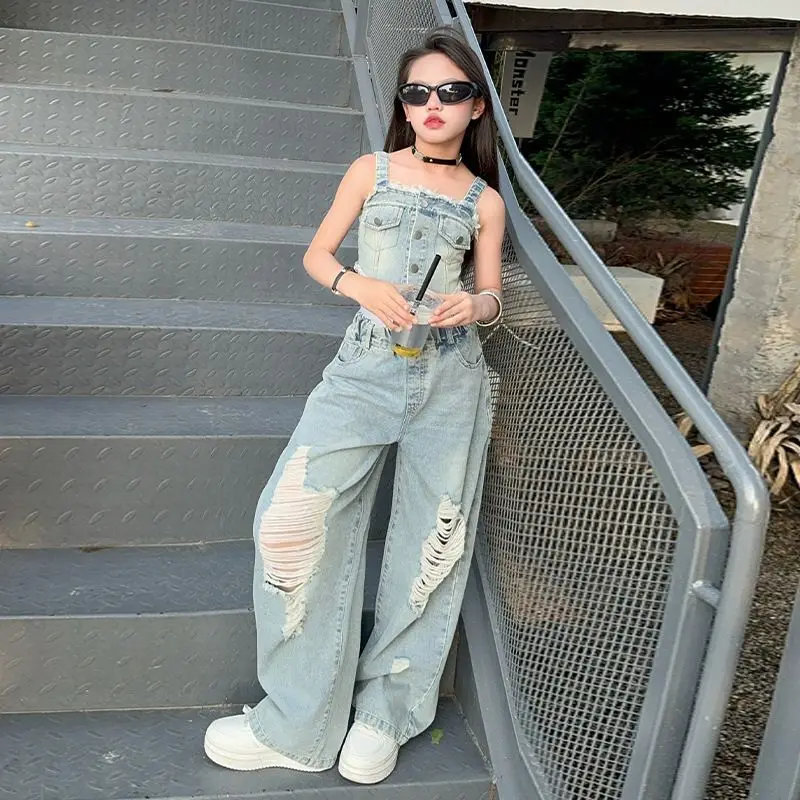 Summer 2025 Halter Vest Ripped Wide-Leg Pants Two-Piece Set Kids Casual Harbor Flavor Simple Style