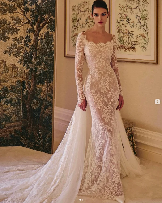 Luxury Mermaid Holiday Beach Wedding Dresses with Detachable Train Long Sleeve Lace Tulle Autumn Bridal Gown Customized